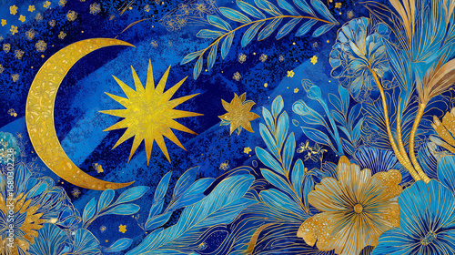 Malaysia flag inspired botanical art with golden moon and star elegance design