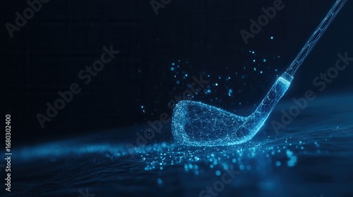Futuristic digital golf club shattering into blue particles on dark background