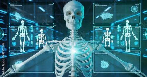 Spooky Halloween skeleton illuminated by advanced holographic medical technology and futuristic data screens
