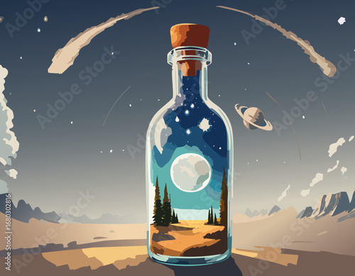 A symbolic desert in a bottle under stars, promoting education in ecology and cosmic thinking.
