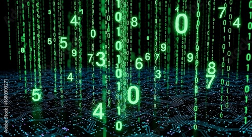 Digital Numbers Falling, Futuristic Technology Background.