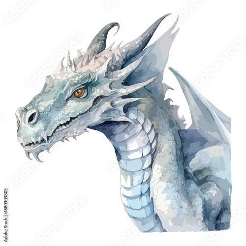 Detailed Watercolor Portrait of a Majestic IcyBlue Dragon Head