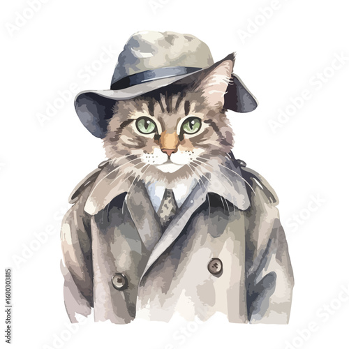 Detective Cat A feline in a trench coat and fedora watercolor style