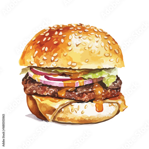 Double patty burger with red onion and lettuce topped with sesame seed bun