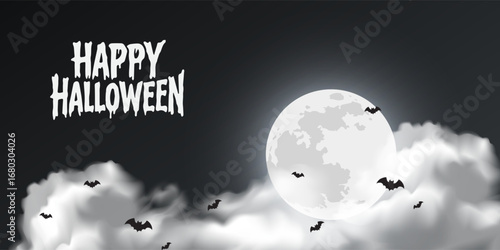 Happy Halloween black background with full moon and bat flying,  Smoke clouds above black surface. dark river splashing in scary smog, mysterious. night Halloween design for decoration, ads, poster.