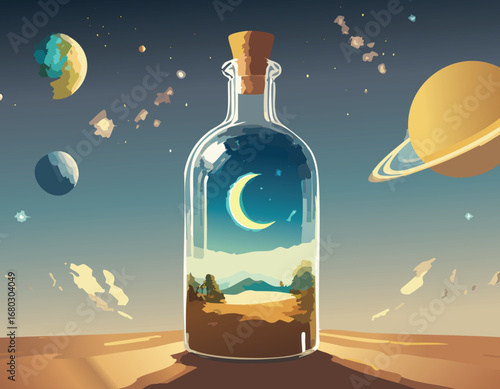 A symbolic bottle with desert and cosmos, teaching children about nature’s diversity and universal wonder.
