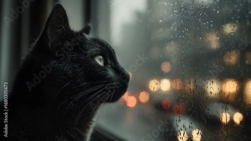 Black cat looking out rainy window wallpaper desktop background image hd