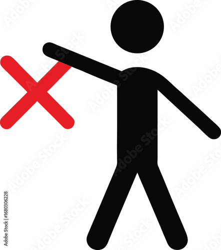 Stick figure danger warning indicator vector graphic showing red x symbol for important alert or incorrect selection