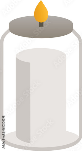 Vector illustration of a white candle in a clear glass jar with a lit flame glowing softly