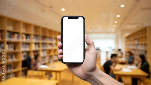 A person holds a smartphone with a blank white screen, with a blurred library or bookstore background.