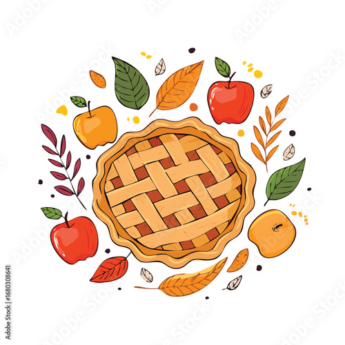 Illustration of an apple pie surrounded by apples, leaves, and other autumn elements.