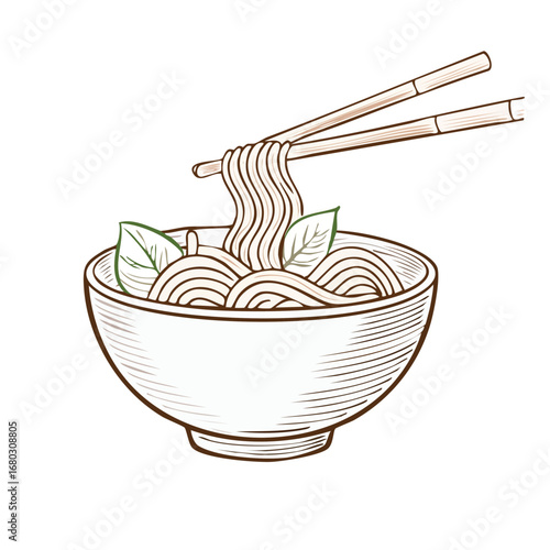 Illustration of a bowl filled with noodles, with chopsticks lifting some noodles out.