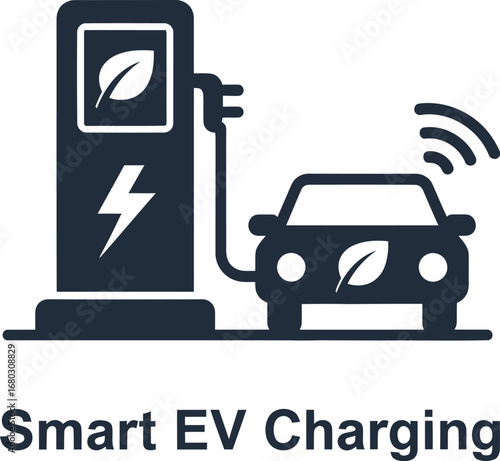An icon of an electric car connected to a smart charging station, featuring eco-friendly leaf and power symbols.