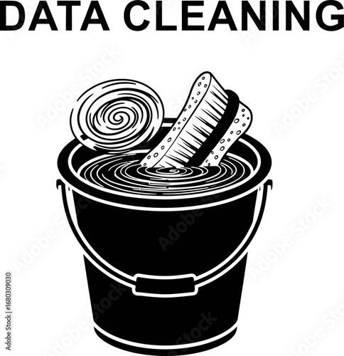 A conceptual black and white illustration of data cleaning, depicting a scrub brush washing a data disk in a bucket of water.