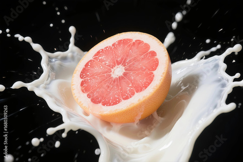 Grapefruit Splash in Milk on Black Background