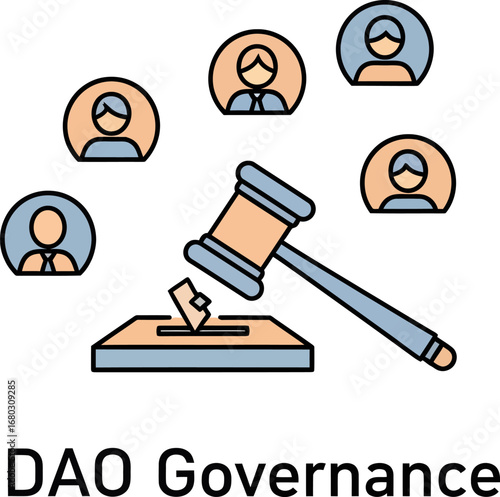 An illustration of DAO governance showing a gavel for decision-making surrounded by icons of community members.