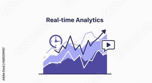 A modern flat illustration of a real-time analytics graph showing data trends with a clock and play icon.