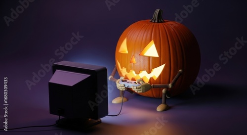 Carved pumpkin playing video games on an old television for halloween fun night