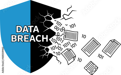 A conceptual illustration of a data breach with a broken shield leaking documents and binary code.