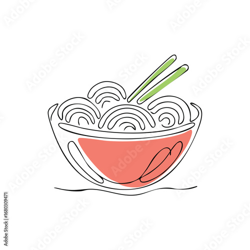Minimalist line art illustration of a bowl of noodles with chopsticks, simple design.