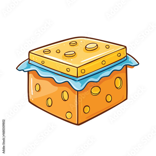A cartoon illustration of a cheese sandwich, with a top and bottom slice of cheese.