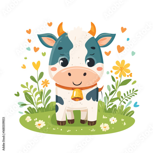 Cute cartoon cow standing in a field of flowers and grass with a bell around its neck.