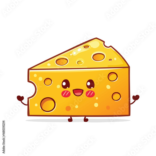 A cute cartoon illustration of a cheese wedge with a happy face, arms, and legs.