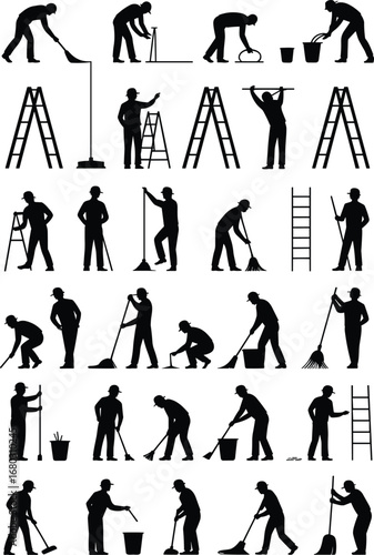 Cleaning worker silhouette, janitorial staff, ladder maintenance, sweeping broom, mopping floor, dustpan bucket, light bulb change, outdoor rake, manual labor, flat vector illustration