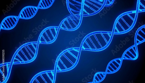 Glowing blue DNA strands twist and intertwine against a dark background
