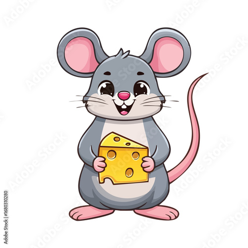 A cute cartoon mouse with big ears, holding a triangular piece of cheese, smiling.