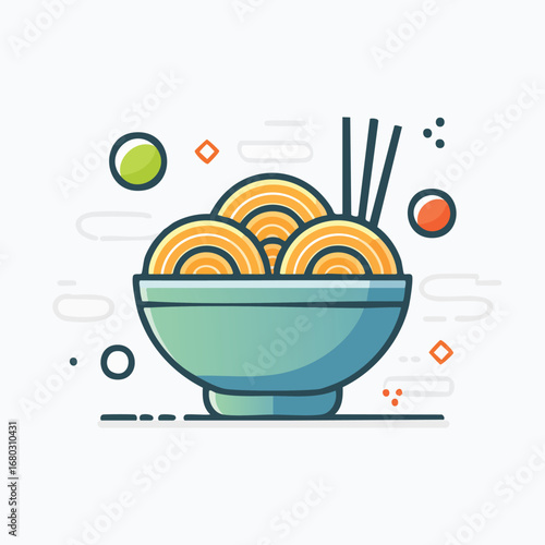 Illustration of a bowl of noodles with chopsticks, a vibrant and appetizing depiction.