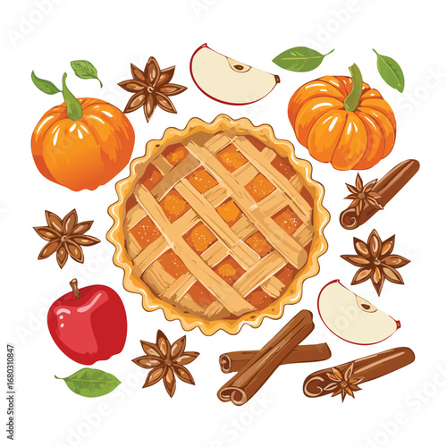 A vibrant illustration showcasing a pumpkin pie surrounded by various autumn-themed elements.
