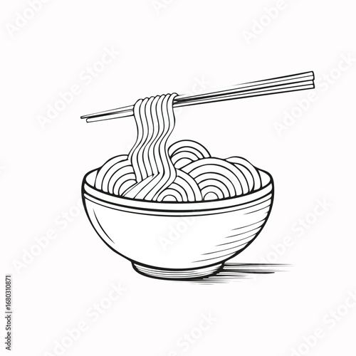 Black and white illustration of a bowl of noodles with chopsticks picking up some noodles.