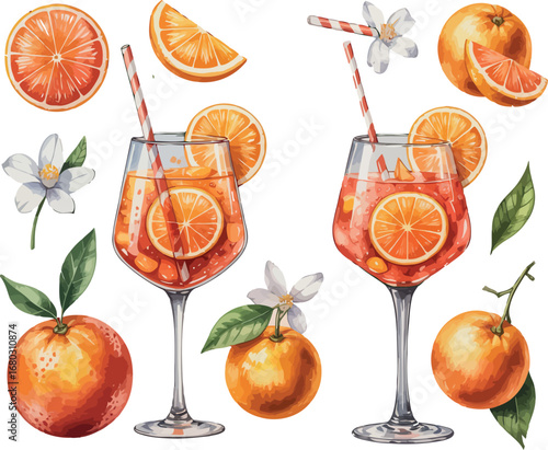 A vibrant and refreshing collection features two Aperol Spritz cocktails in stemmed glasses, surrounded by various fresh orange slices, whole oranges, and delicate orange blossoms. 