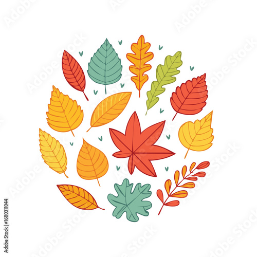 A colorful circular arrangement of various autumn leaves, showcasing seasonal diversity.