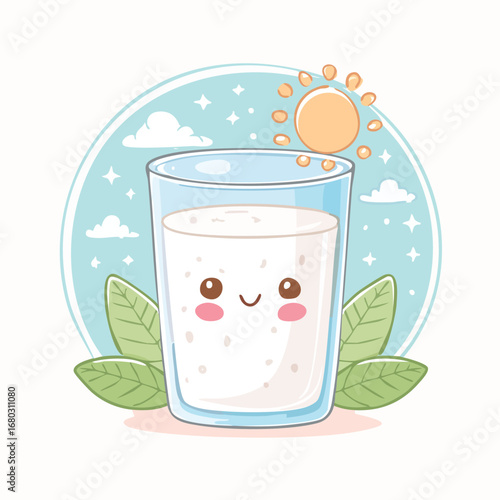 Cute cartoon illustration of a glass of milk with a smiling face, sun, and leaves.