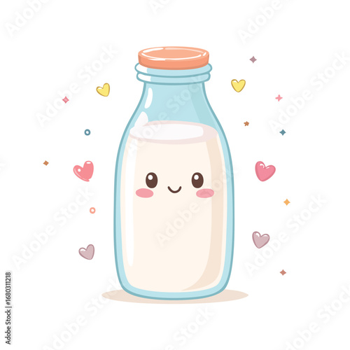 Cute cartoon illustration of a milk bottle with a smiling face, surrounded by hearts and sparkles.