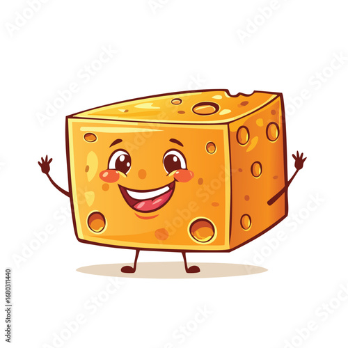 A cheerful cartoon illustration of a cheese block with a happy face, arms, and legs.