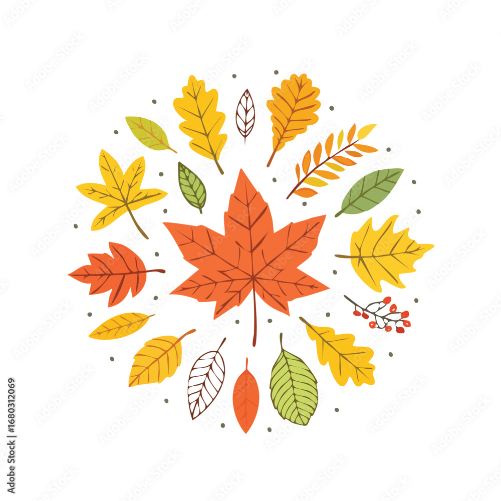 Fototapeta premium A vibrant circular arrangement of various autumn leaves in shades of yellow, orange, and green.
