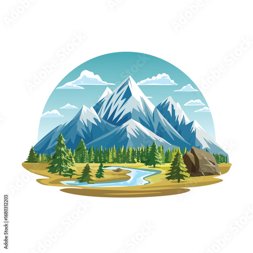 Illustration of a mountain landscape with snow-capped peaks, a river, and evergreen trees under a blue sky.