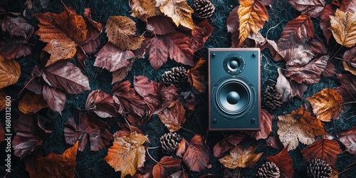 Cozy dark aesthetic with high-end speaker and warm-toned foliage Stock photo