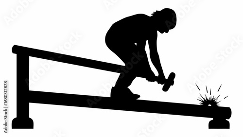 Silhouette of a person hammering a metal piece on a stand with sparks flying in black and white design