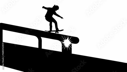 Silhouette of skateboarder performing a trick on a rail with a bright burst of light at the end of the rail