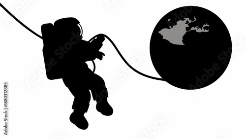 Silhouette of astronaut connected to a dark planet with a cable against a white background art work