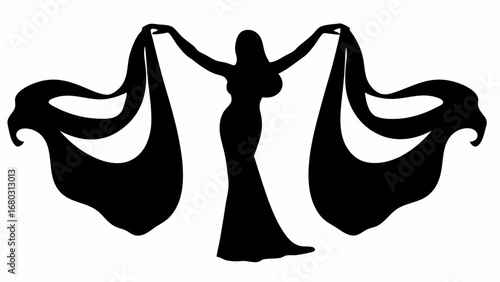 Silhouette of a woman in a dress holding draped fabric with arms raised in a stylized black and white design