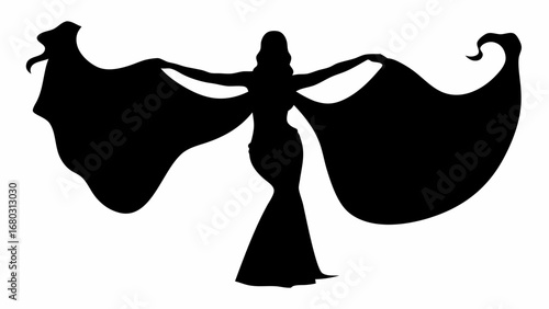 Silhouette of a belly dancer with a flowing veil in a graceful pose with arms outstretched in black and white