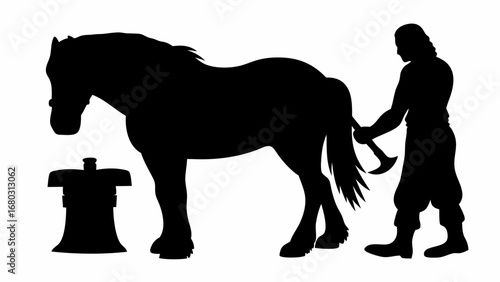 Silhouette of a horse standing near a mounting block with a man holding an axe near its tail