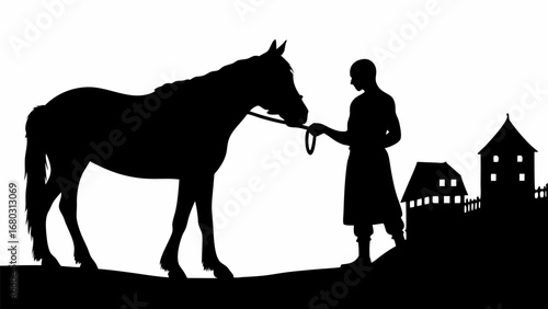 Silhouette of a man holding a horse with buildings in the background in a rural setting landscape view