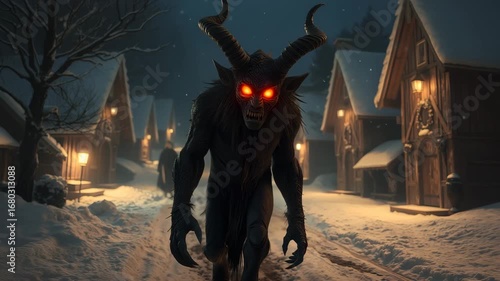 Mysterious horned demon with glowing red eyes walking in a snowy village at night, 4K Video 