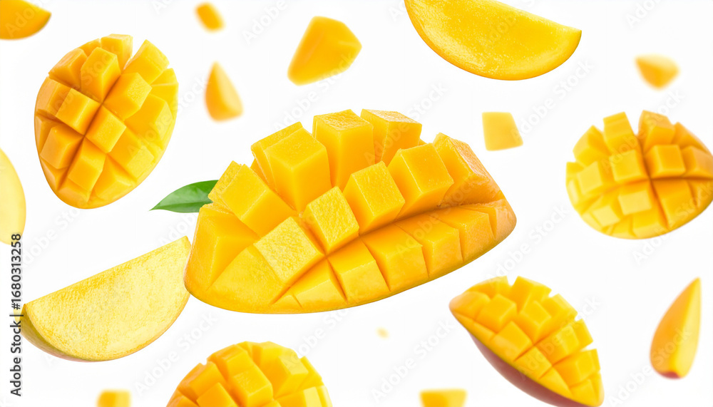 Fototapeta premium Vibrant fresh mango floating on white background
